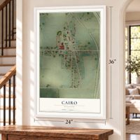 Cairo, Missouri map, 24 x 36 inch print in a white frame by a staircase
