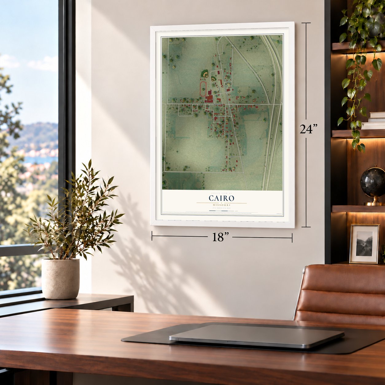 Cairo, Missouri map, 18 x 24 inch print in a white frame in a home office