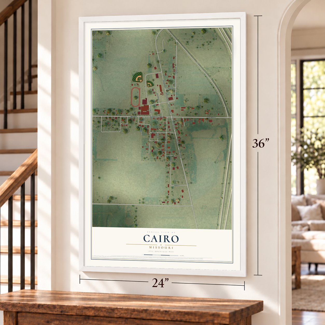 Cairo, Missouri map, 24 x 36 inch print in a white frame by a staircase