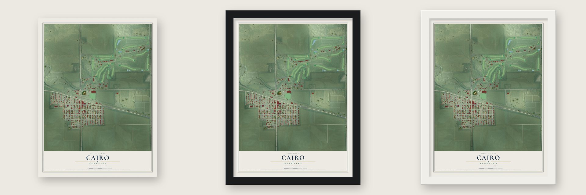 Cairo, Nebraska map unframed, in a black wood frame and in a white wood frame