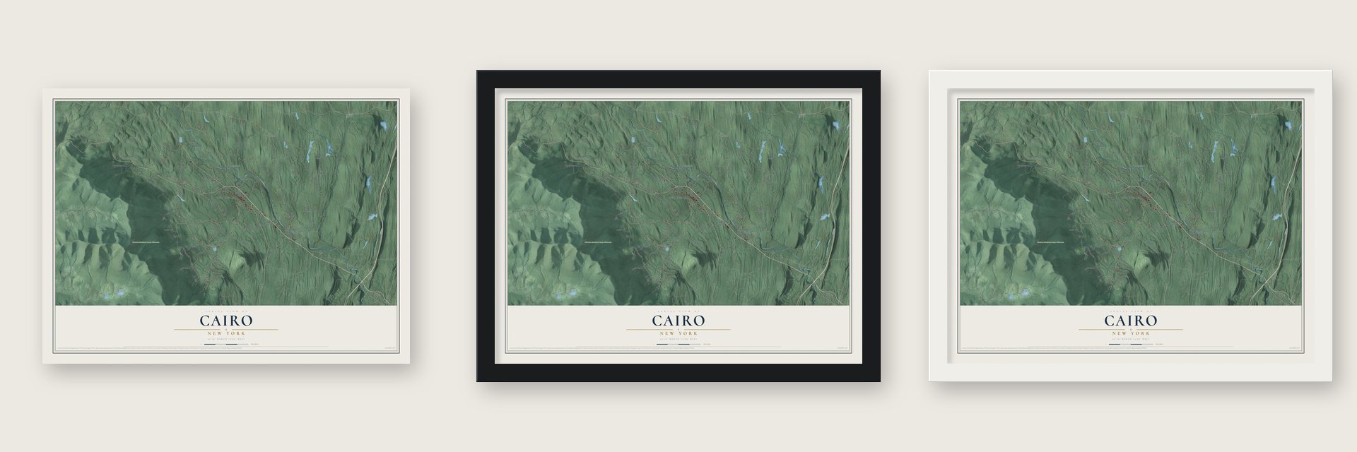 Cairo, New York map unframed, in a black wood frame and in a white wood frame