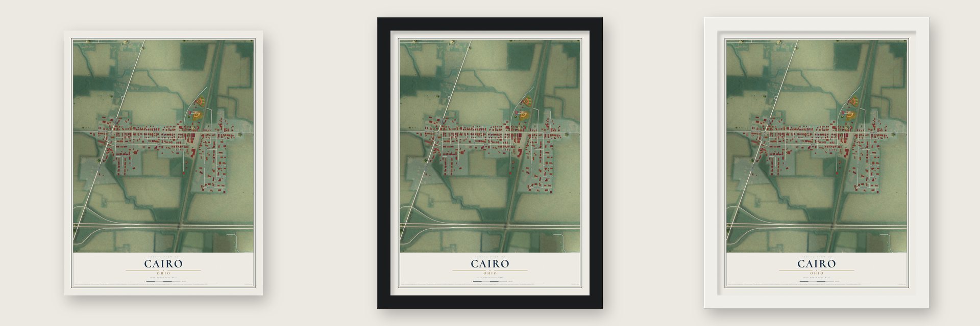 Cairo, Ohio map unframed, in a black wood frame and in a white wood frame