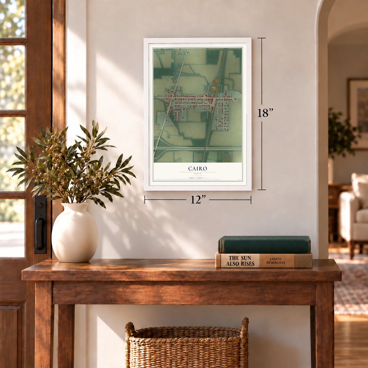 Cairo, Ohio map, 12 x 18 inch print in a white frame in an entryway