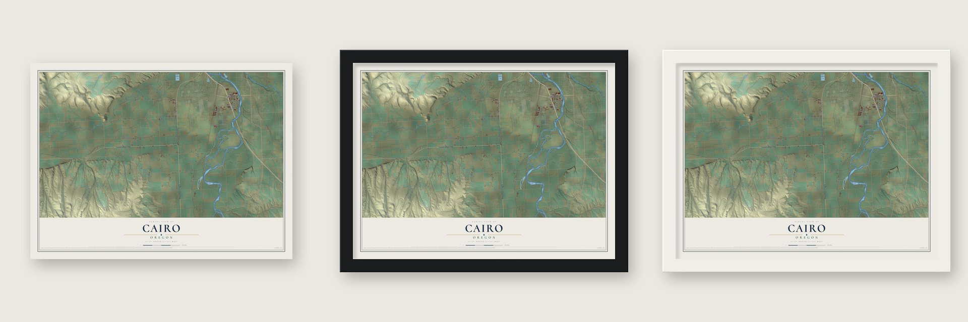 Cairo, Oregon map unframed, in a black wood frame and in a white wood frame