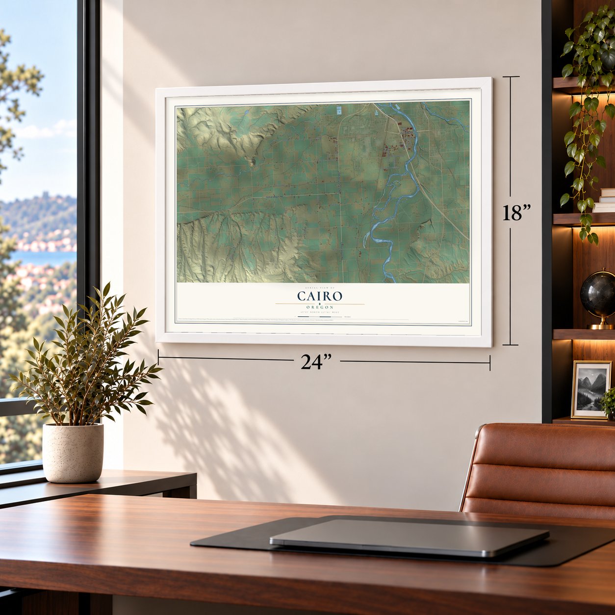 Cairo, Oregon map, 18 x 24 inch print in a white frame in a home office