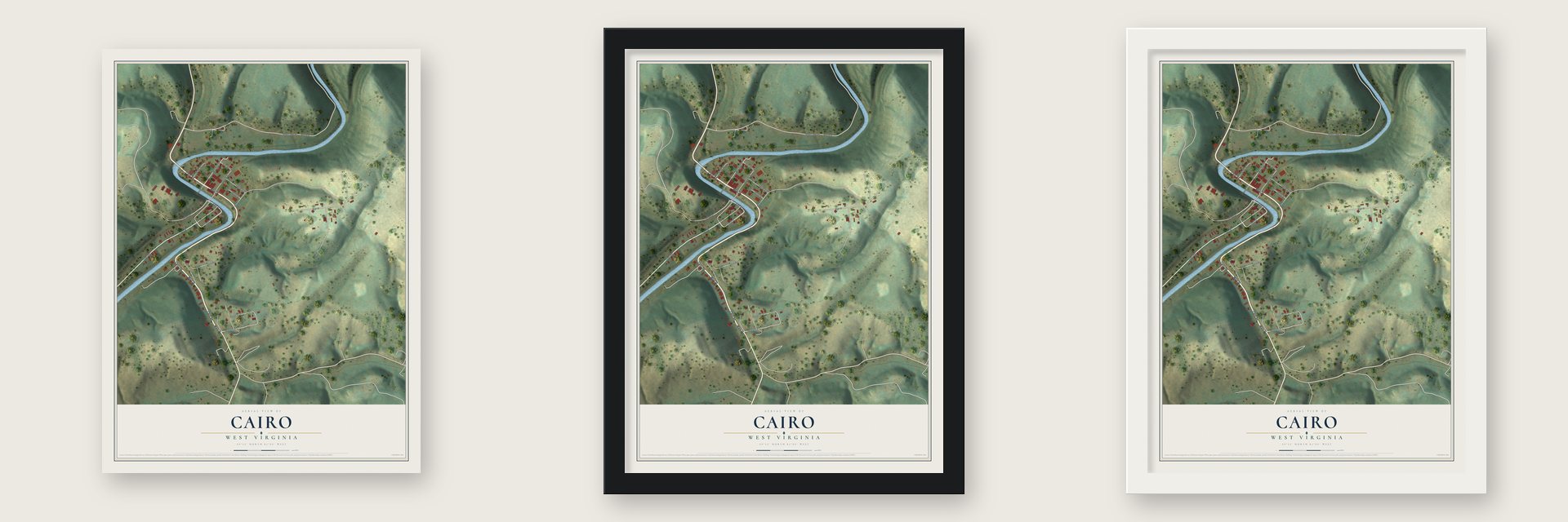 Cairo, West Virginia map unframed, in a black wood frame and in a white wood frame