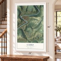 Cairo, West Virginia map, 24 x 36 inch print in a white frame by a staircase