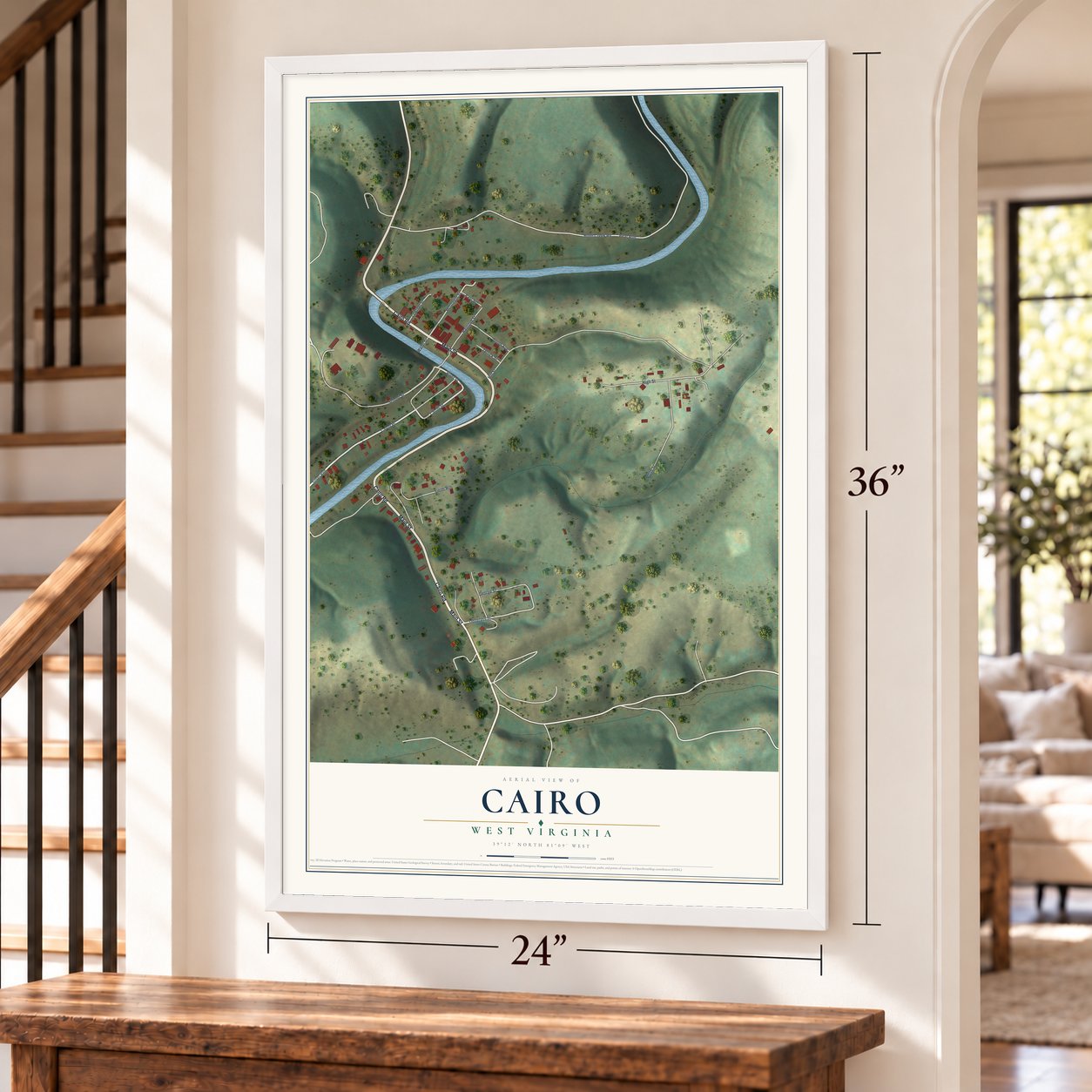 Cairo, West Virginia map, 24 x 36 inch print in a white frame by a staircase