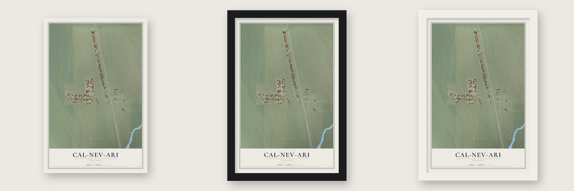 Cal-Nev-Ari, Nevada map unframed, in a black wood frame and in a white wood frame