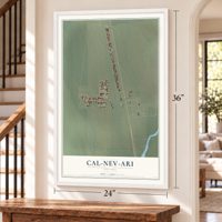 Cal-Nev-Ari, Nevada map, 24 x 36 inch print in a white frame by a staircase