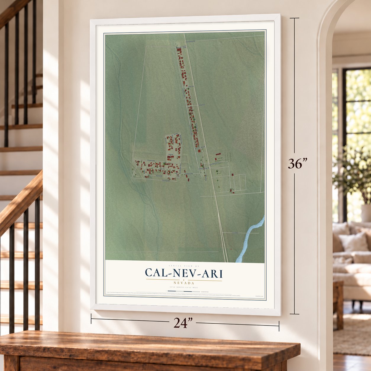 Cal-Nev-Ari, Nevada map, 24 x 36 inch print in a white frame by a staircase