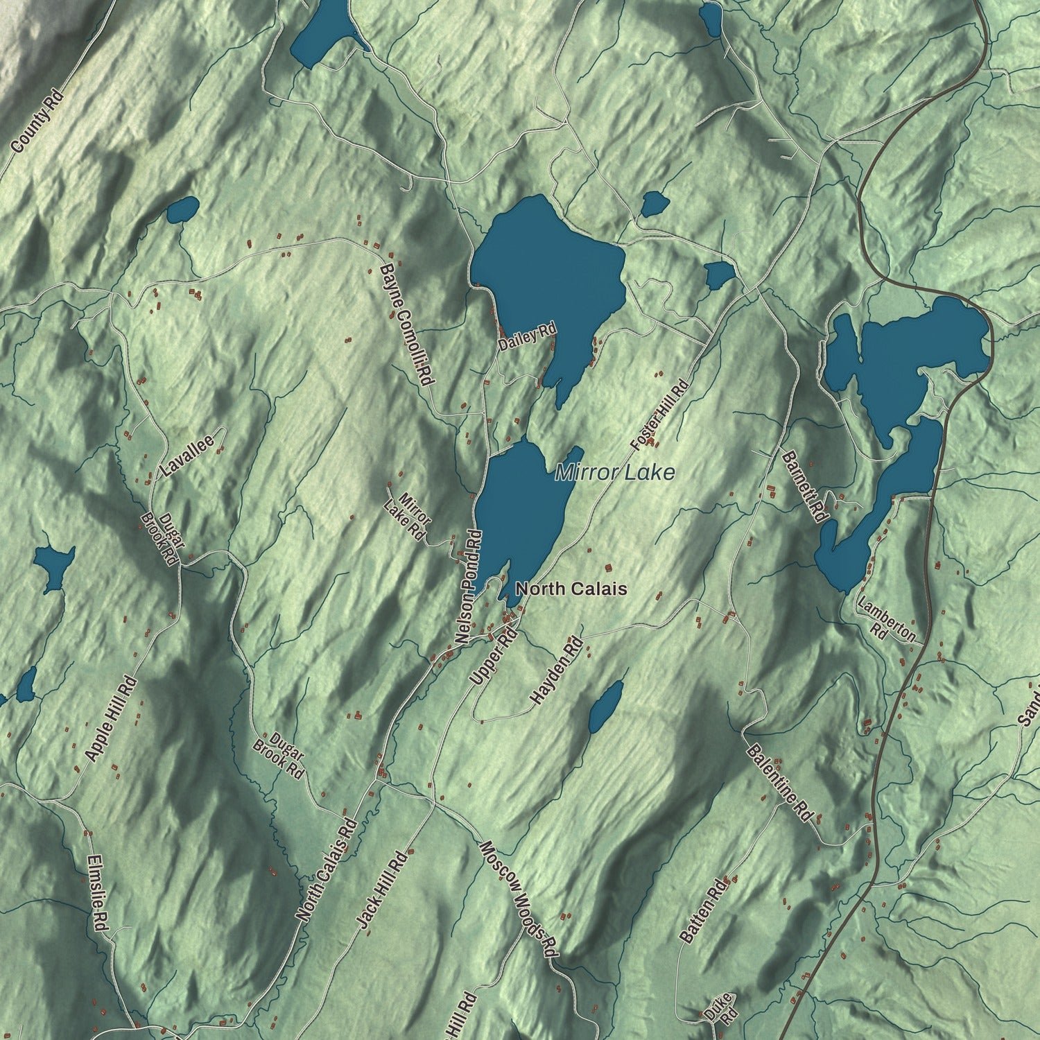 Close-up of the map of Calais, Vermont print showing terrain and local geography
