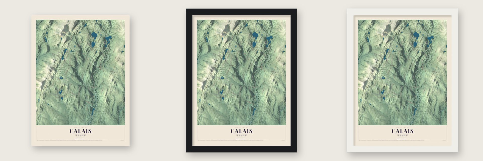 Calais, Vermont map unframed, in a black wood frame and in a white wood frame