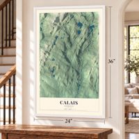 Calais, Vermont map, 24 x 36 inch print in a white frame by a staircase