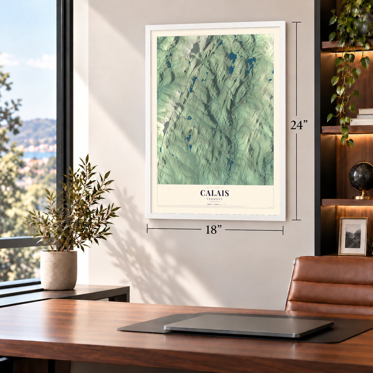Calais, Vermont map, 18 x 24 inch print in a white frame in a home office