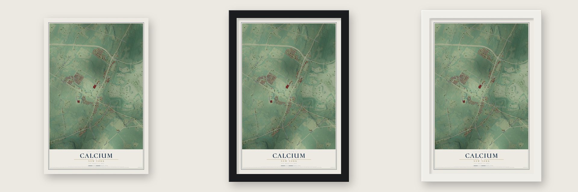 Calcium, New York map unframed, in a black wood frame and in a white wood frame