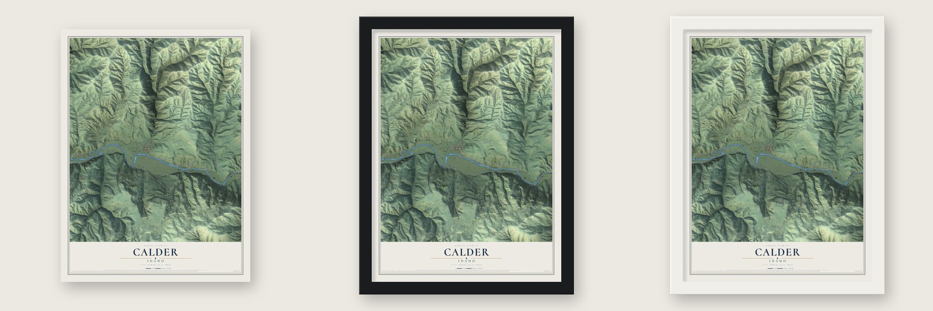 Calder, Idaho map unframed, in a black wood frame and in a white wood frame