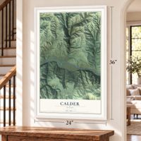 Calder, Idaho map, 24 x 36 inch print in a white frame by a staircase
