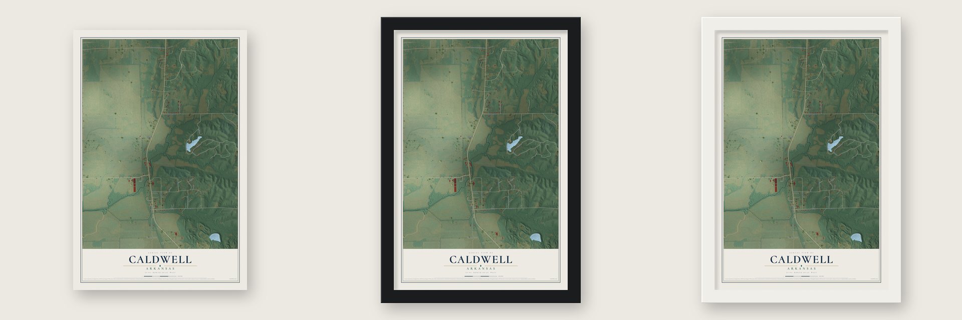 Caldwell, Arkansas map unframed, in a black wood frame and in a white wood frame