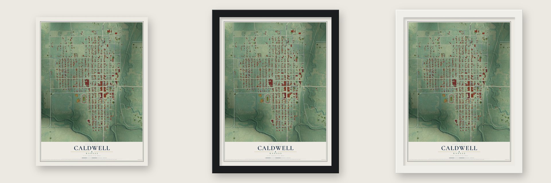 Caldwell, Kansas map unframed, in a black wood frame and in a white wood frame
