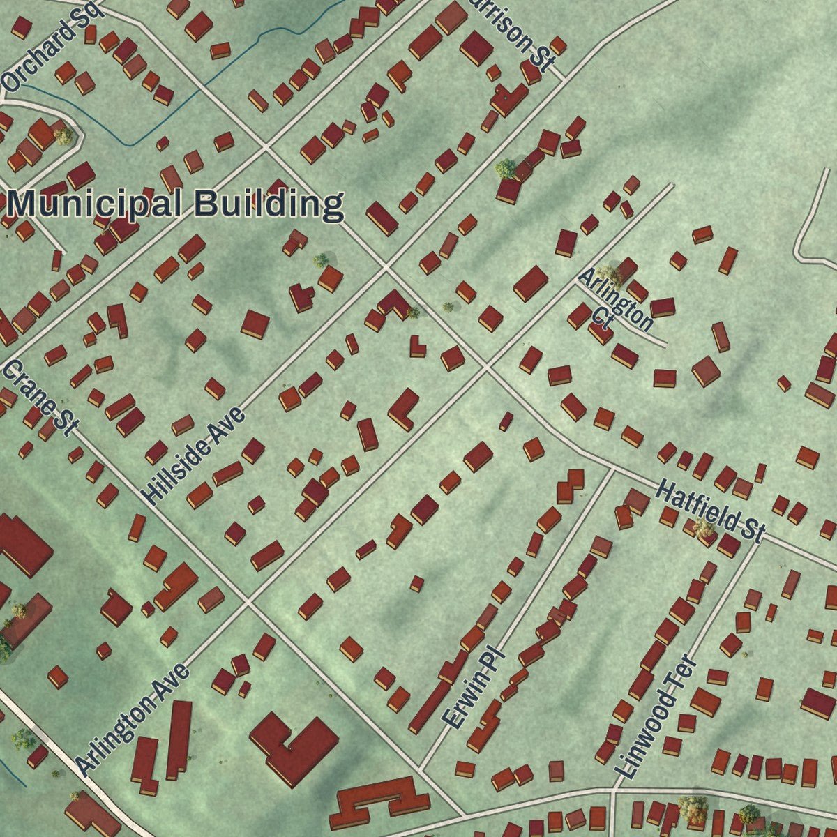 Second close-up of the map of Caldwell, New Jersey print showing more streets and buildings