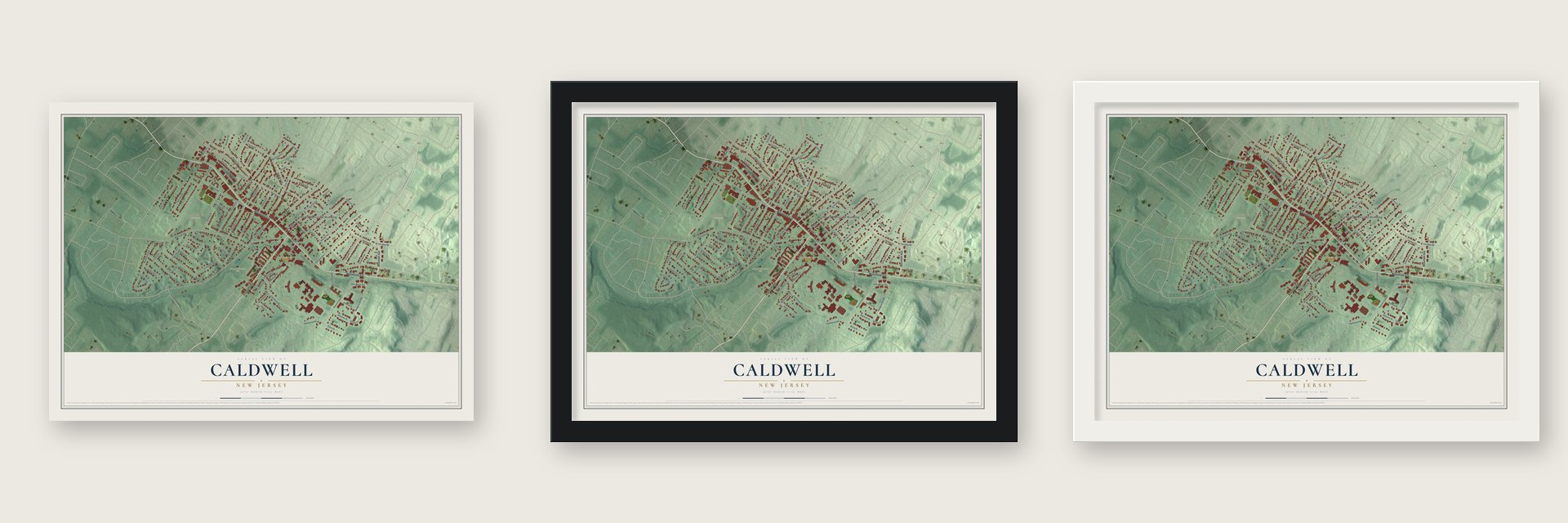 Caldwell, New Jersey map unframed, in a black wood frame and in a white wood frame