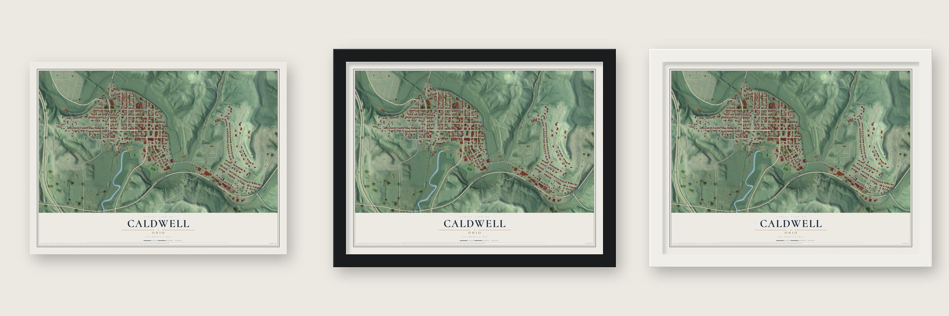 Caldwell, Ohio map unframed, in a black wood frame and in a white wood frame