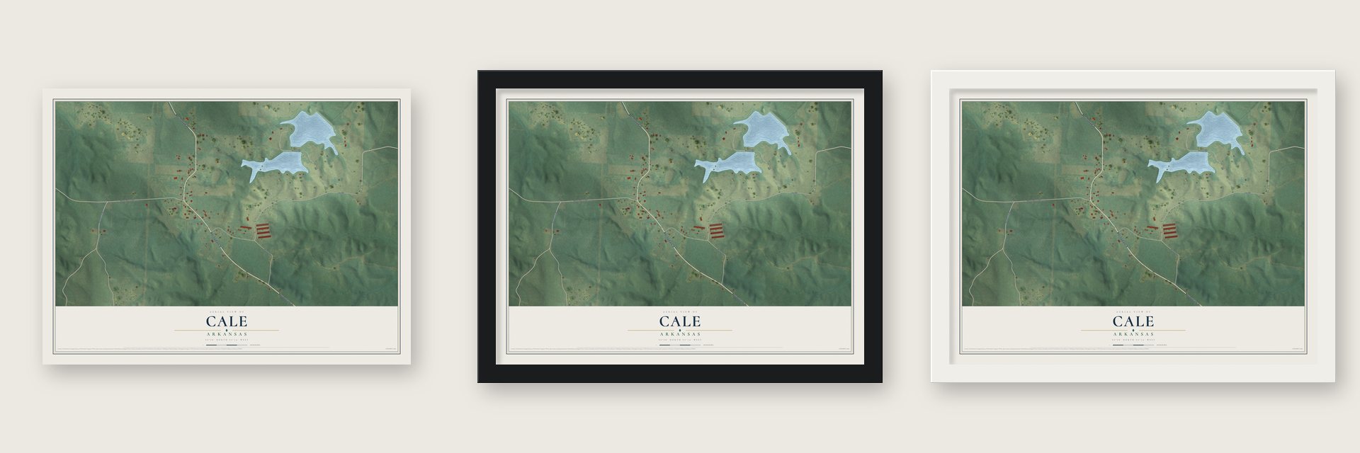 Cale, Arkansas map unframed, in a black wood frame and in a white wood frame