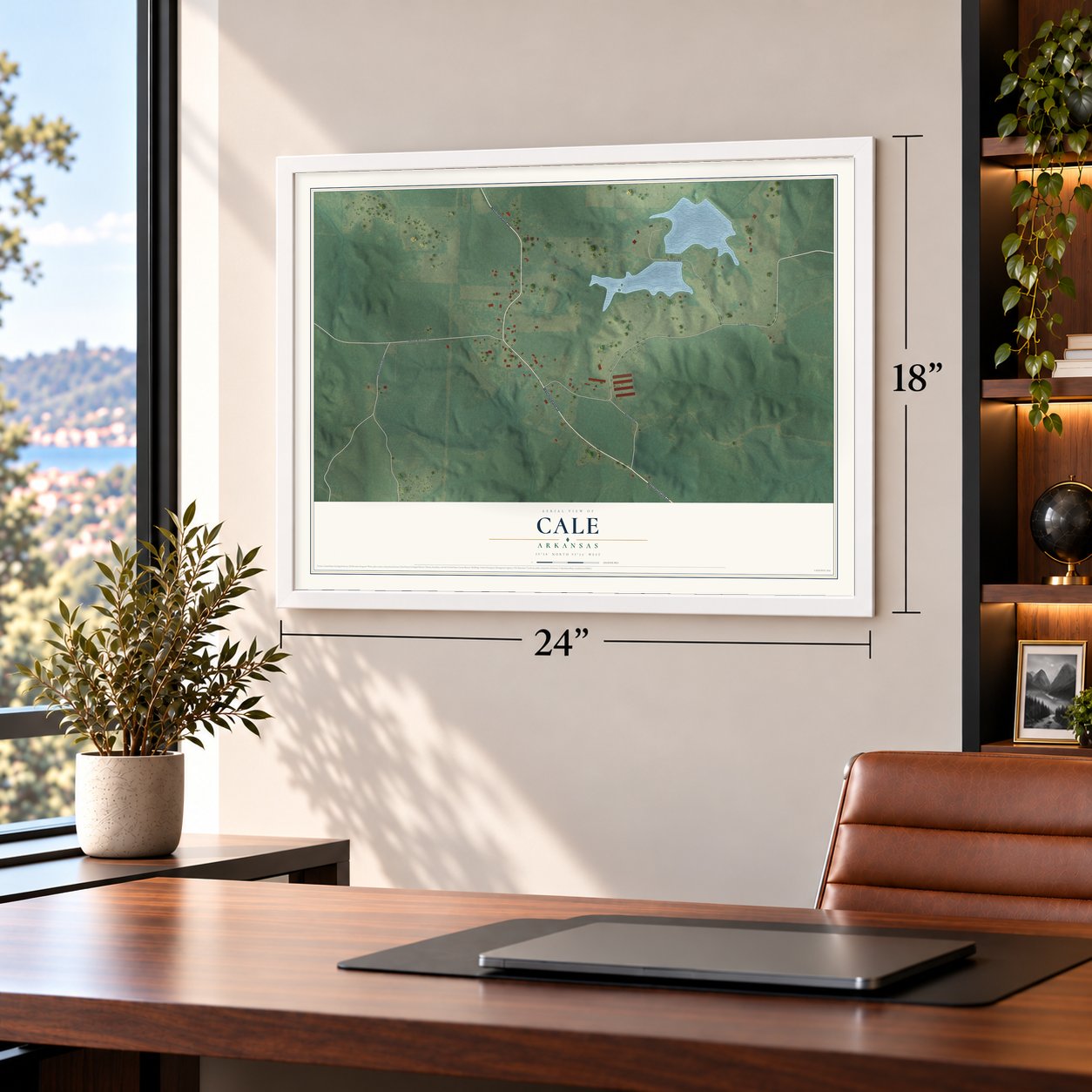 Cale, Arkansas map, 18 x 24 inch print in a white frame in a home office