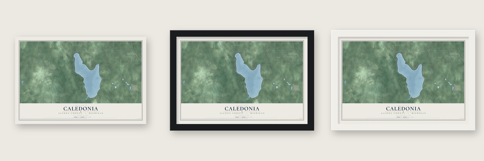 Caledonia, Alcona County, Michigan map unframed, in a black wood frame and in a white wood frame