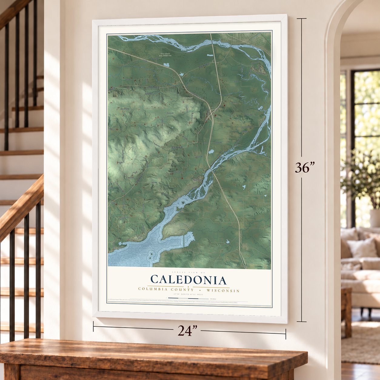 Caledonia, Columbia County, Wisconsin map, 24 x 36 inch print in a white frame by a staircase
