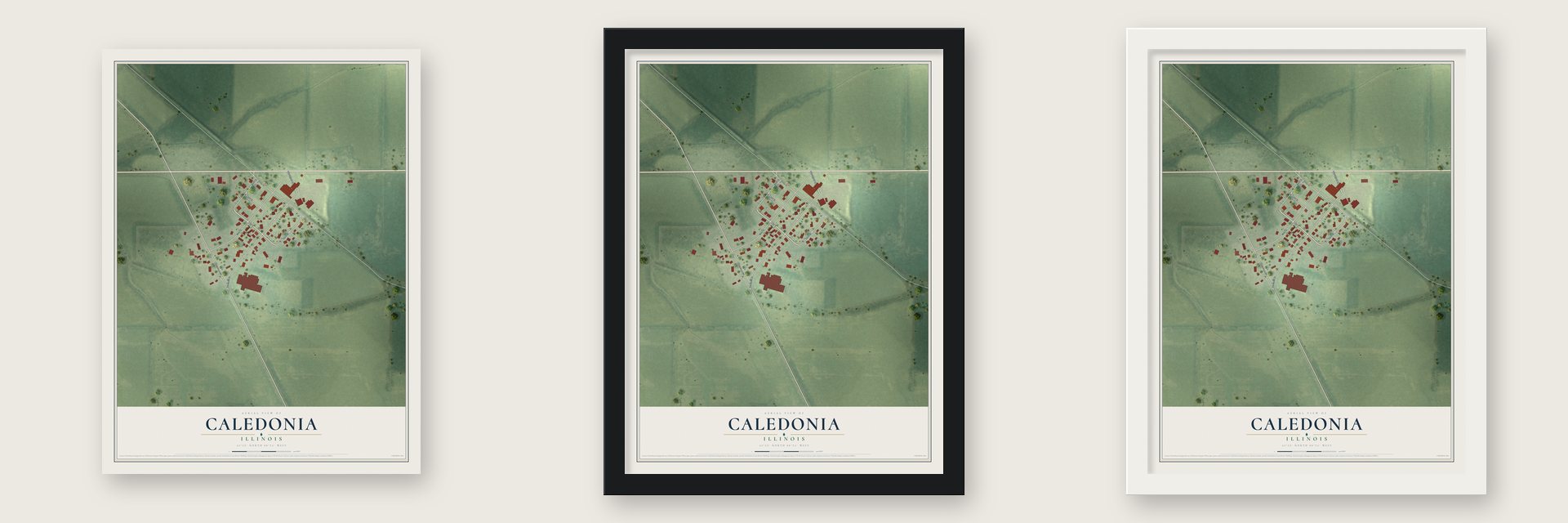 Caledonia, Illinois map unframed, in a black wood frame and in a white wood frame