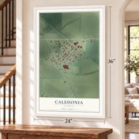 Caledonia, Illinois map, 24 x 36 inch print in a white frame by a staircase