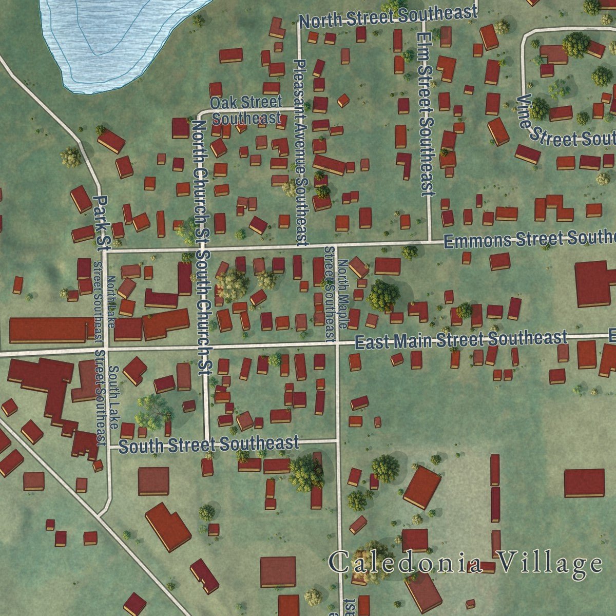 Second close-up of the map of Caledonia, Michigan print showing more streets and buildings