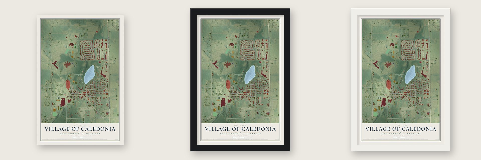 Caledonia, Michigan map unframed, in a black wood frame and in a white wood frame