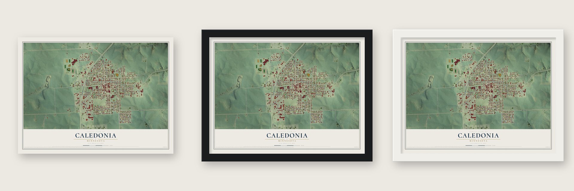 Caledonia, Minnesota map unframed, in a black wood frame and in a white wood frame