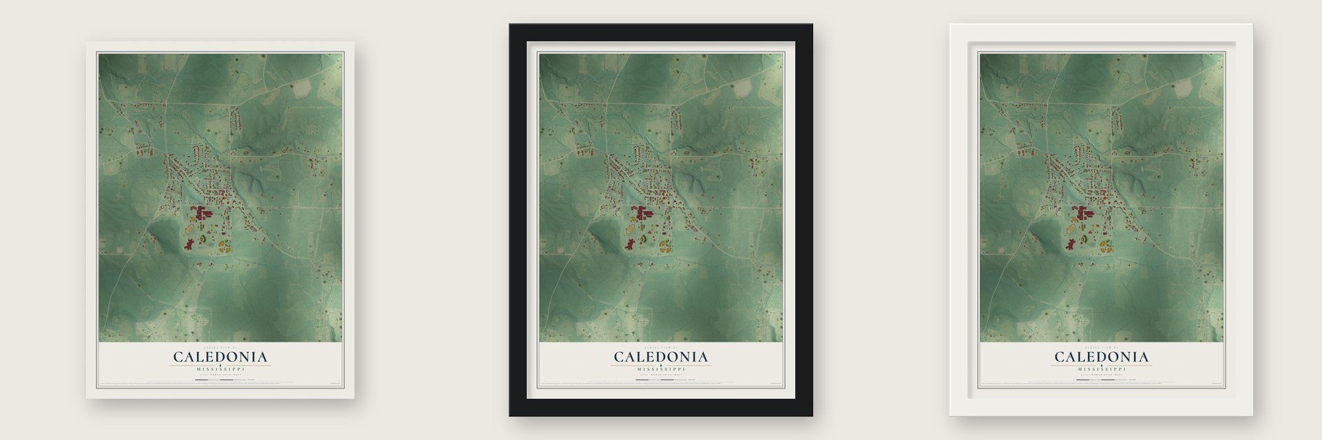 Caledonia, Mississippi map unframed, in a black wood frame and in a white wood frame