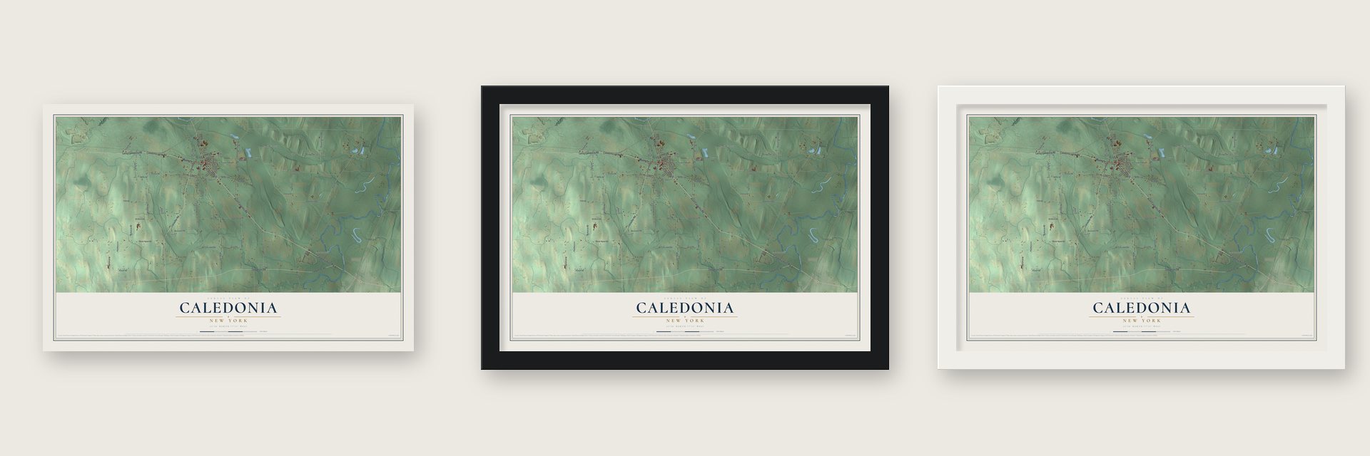Caledonia, New York map unframed, in a black wood frame and in a white wood frame