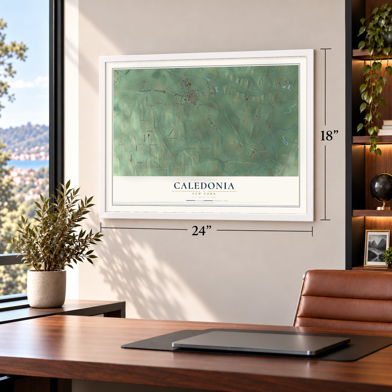 Caledonia, New York map, 18 x 24 inch print in a white frame in a home office