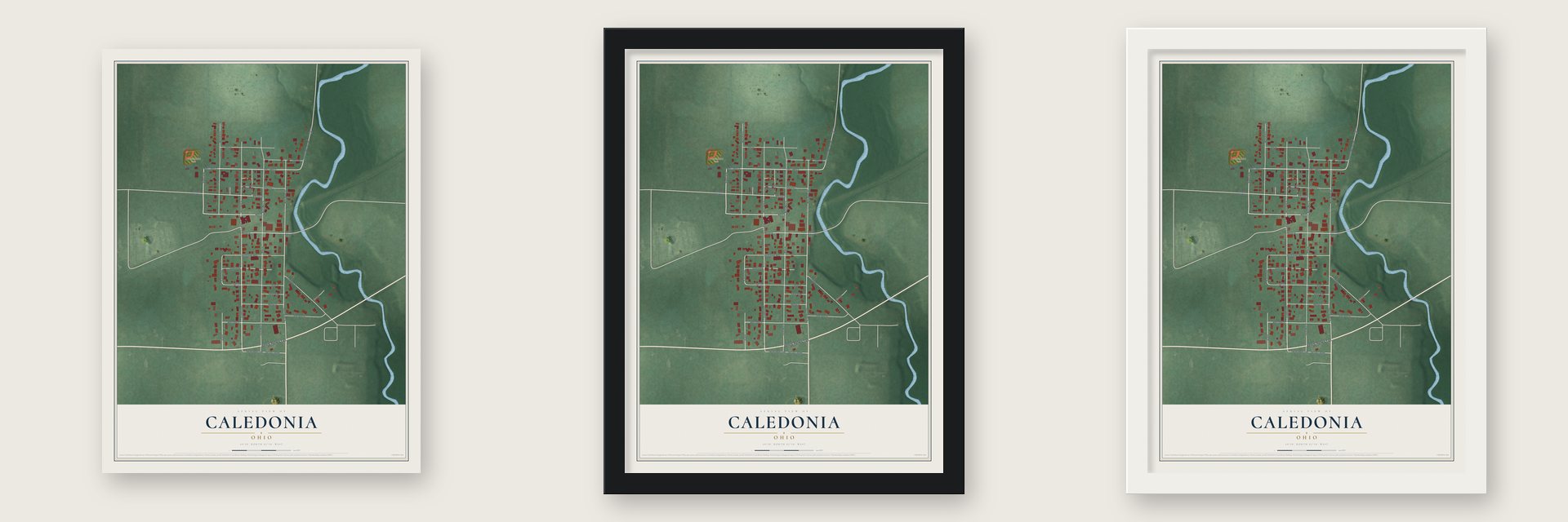 Caledonia, Ohio map unframed, in a black wood frame and in a white wood frame