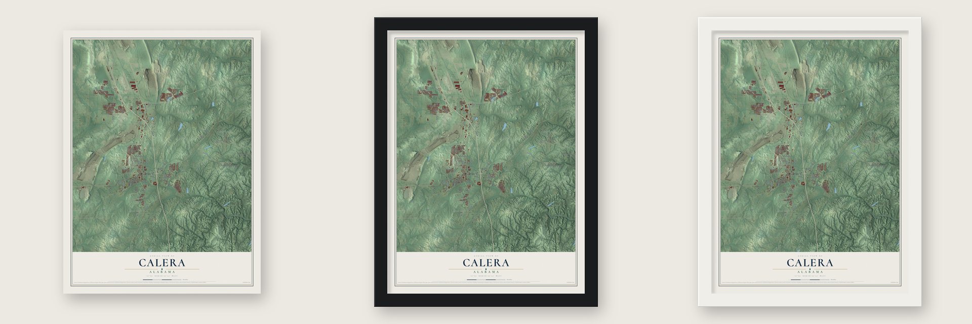 Calera, Alabama map unframed, in a black wood frame and in a white wood frame