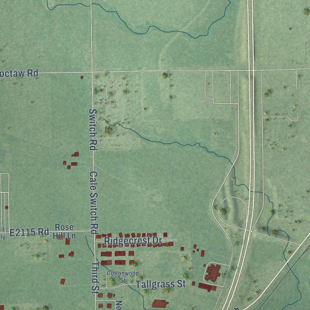 Second close-up of the map of Calera, Oklahoma print showing more streets and buildings