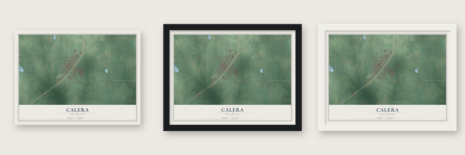 Calera, Oklahoma map unframed, in a black wood frame and in a white wood frame