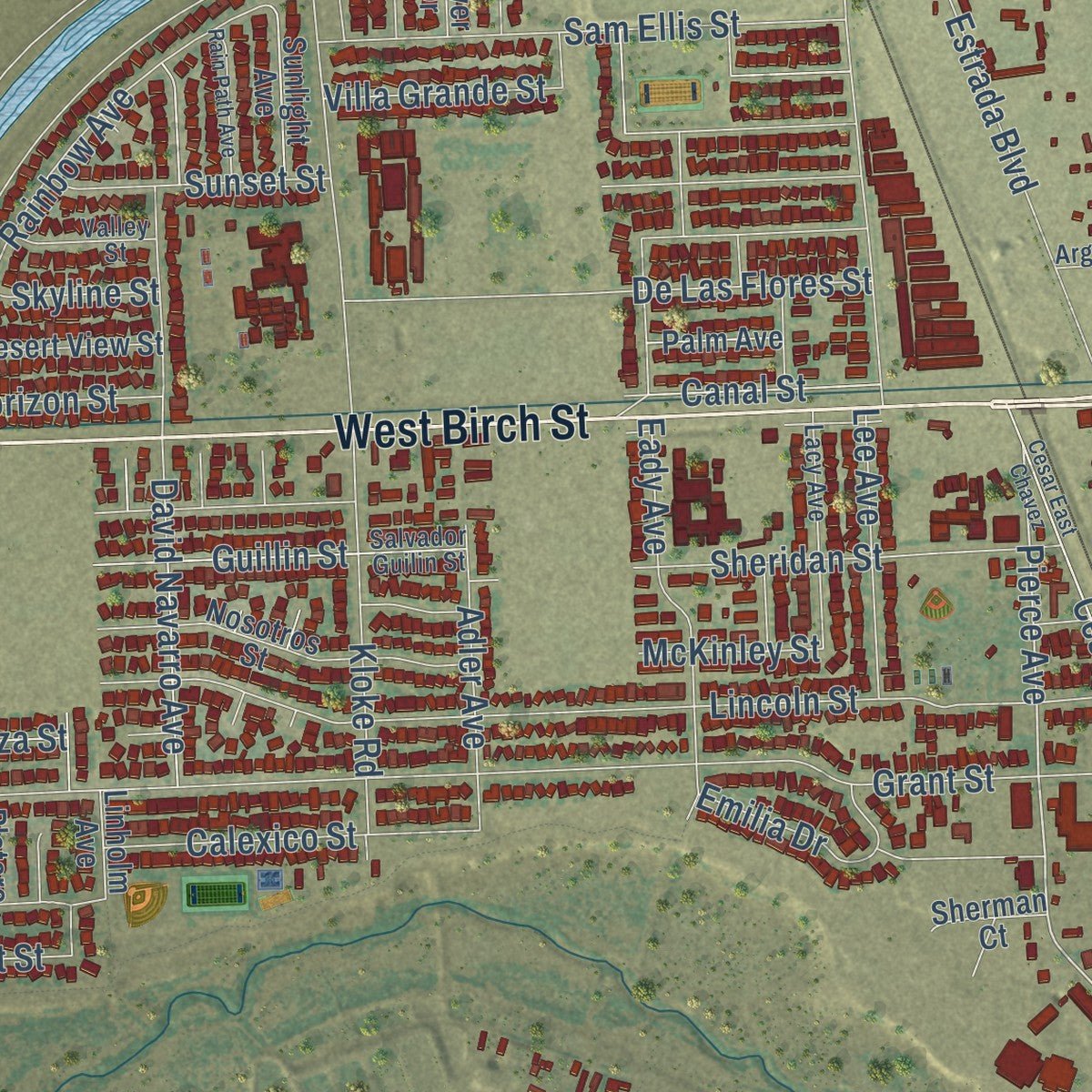 Second close-up of the map of Calexico, California print showing more streets and buildings