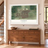 Calexico, California map, 24 x 36 inch print in a white frame above a dresser by a staircase