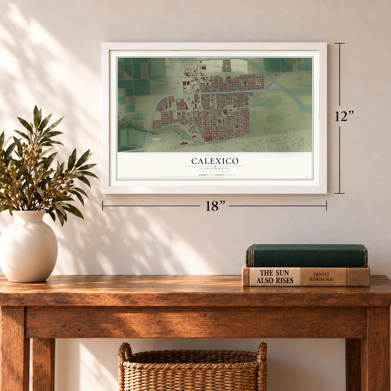 Calexico, California map, 12 x 18 inch print in a white frame in an entryway