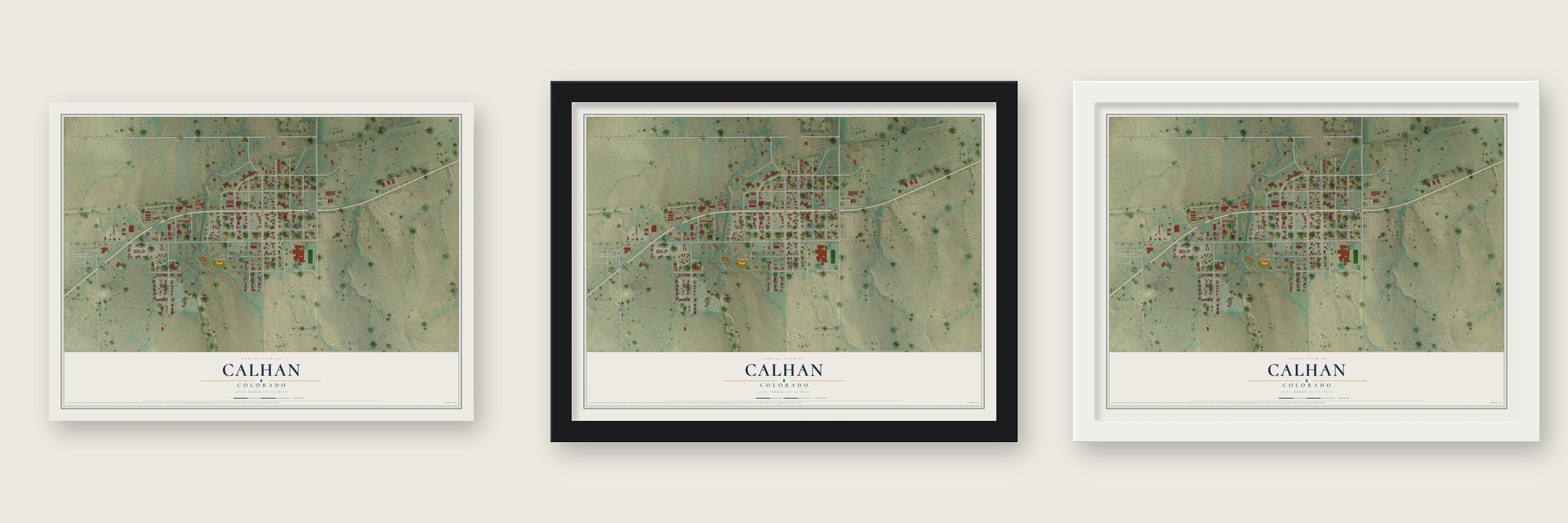 Calhan, Colorado map unframed, in a black wood frame and in a white wood frame