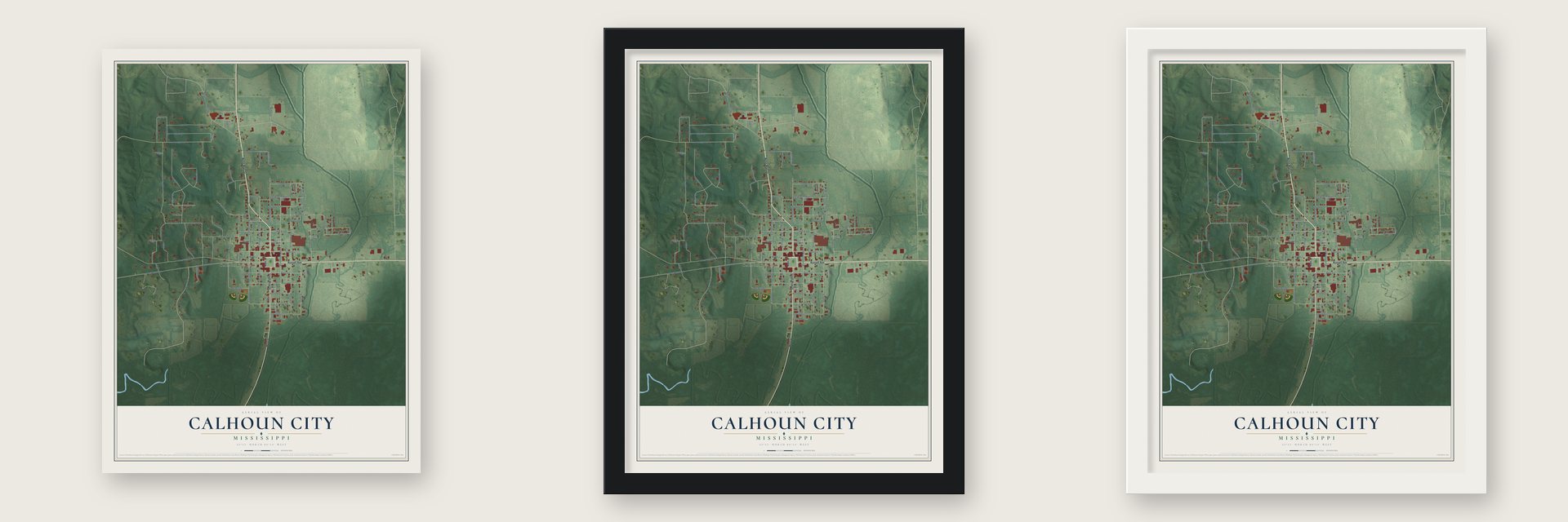 Calhoun City, Mississippi map unframed, in a black wood frame and in a white wood frame
