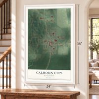 Calhoun City, Mississippi map, 24 x 36 inch print in a white frame by a staircase