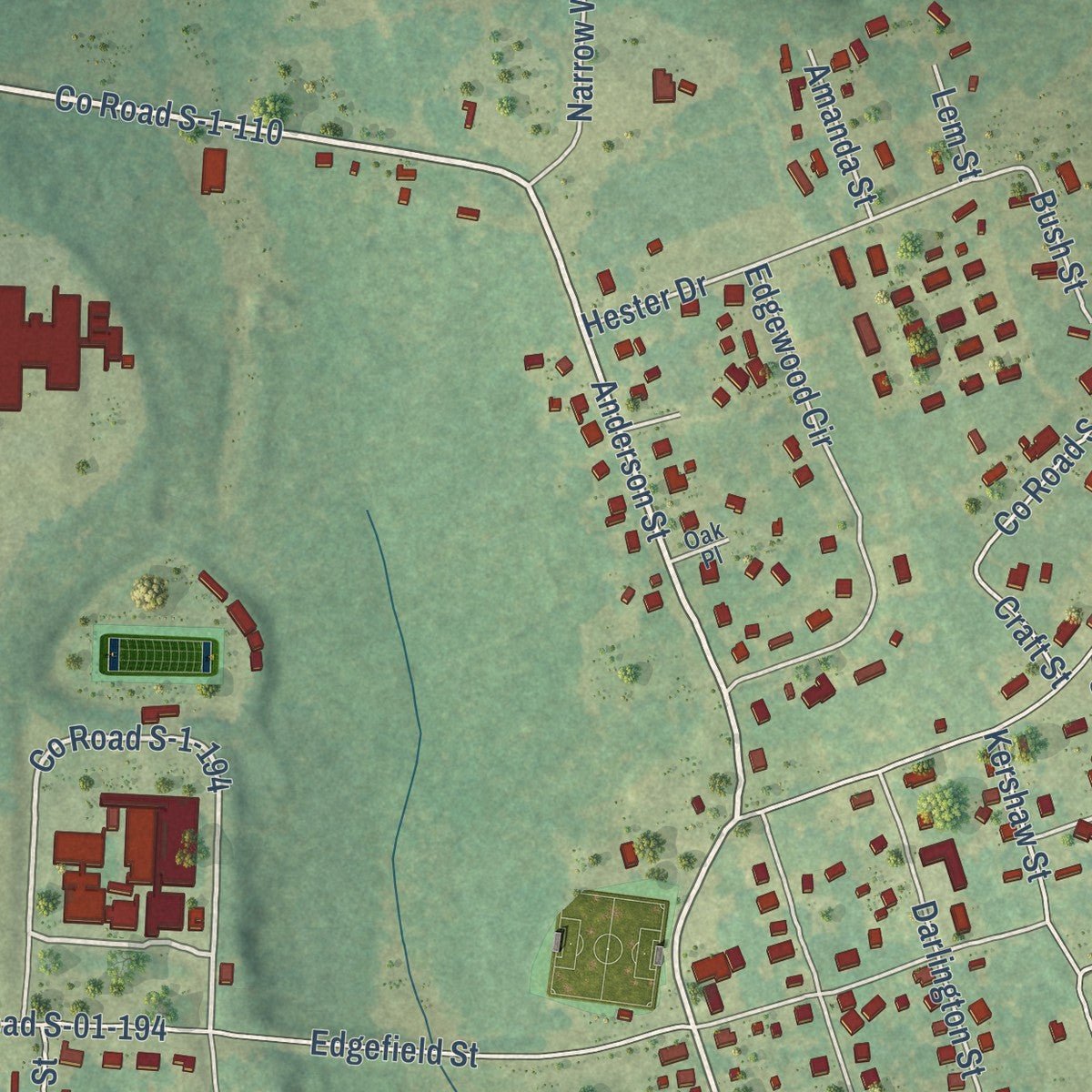 Second close-up of the map of Calhoun Falls, South Carolina print showing more streets and buildings